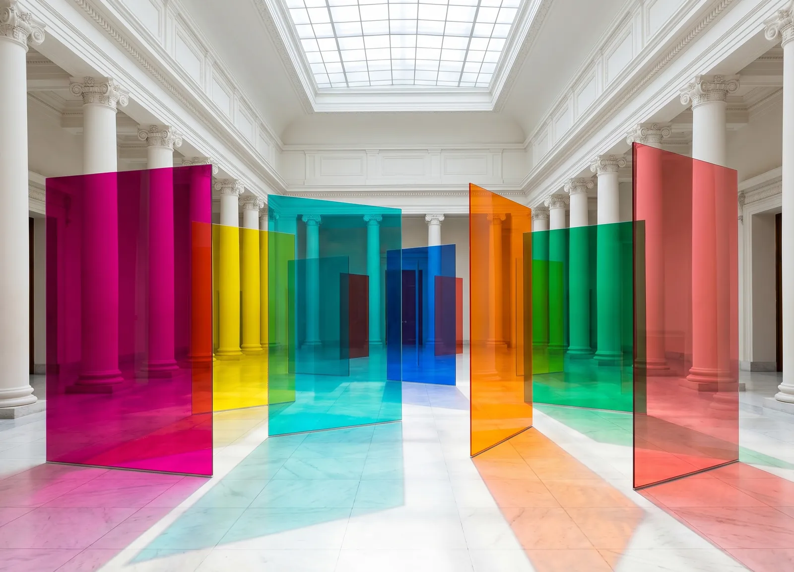 Coloured glass films in a gallery space