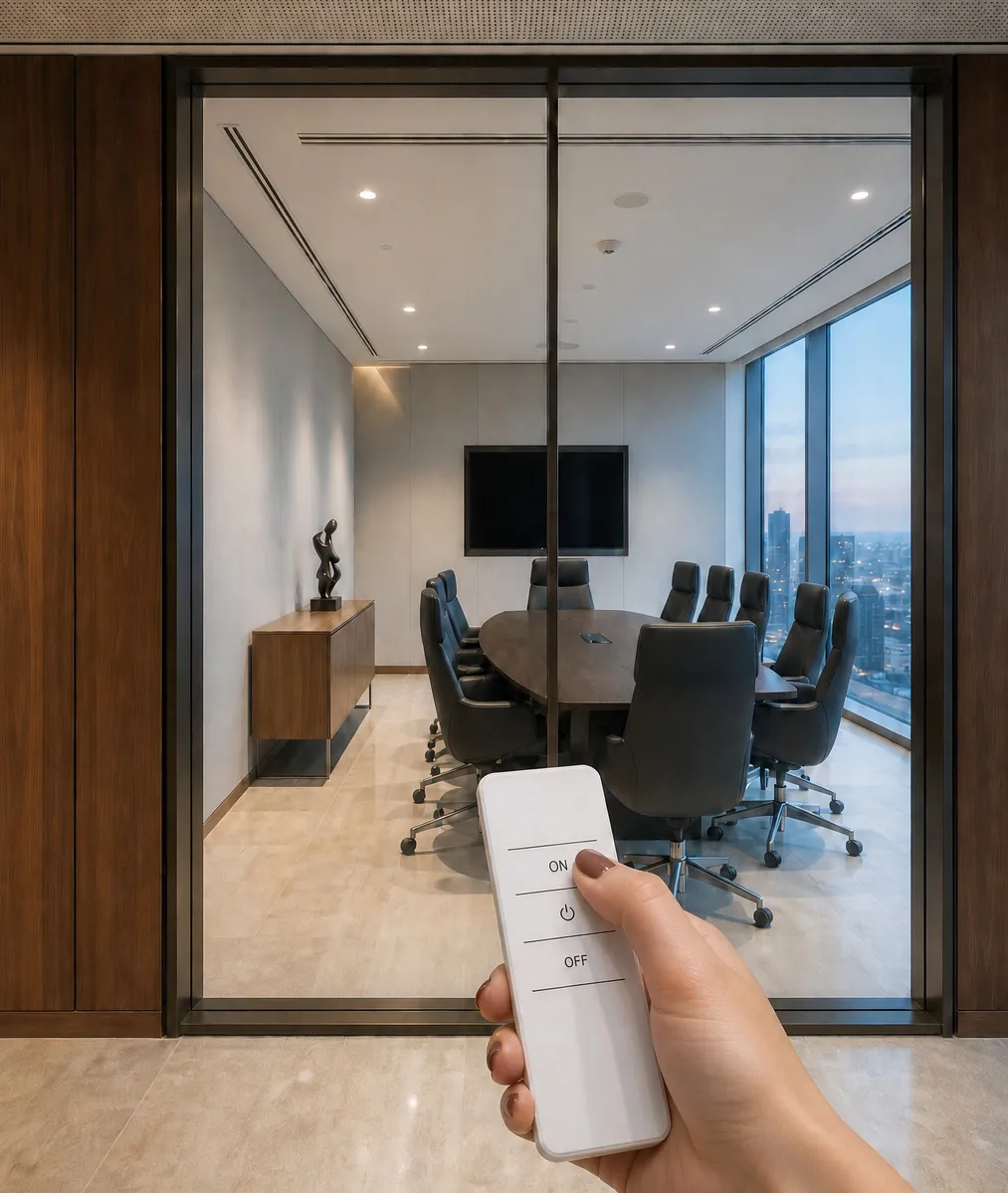 Meeting room glass clear with switchable film off