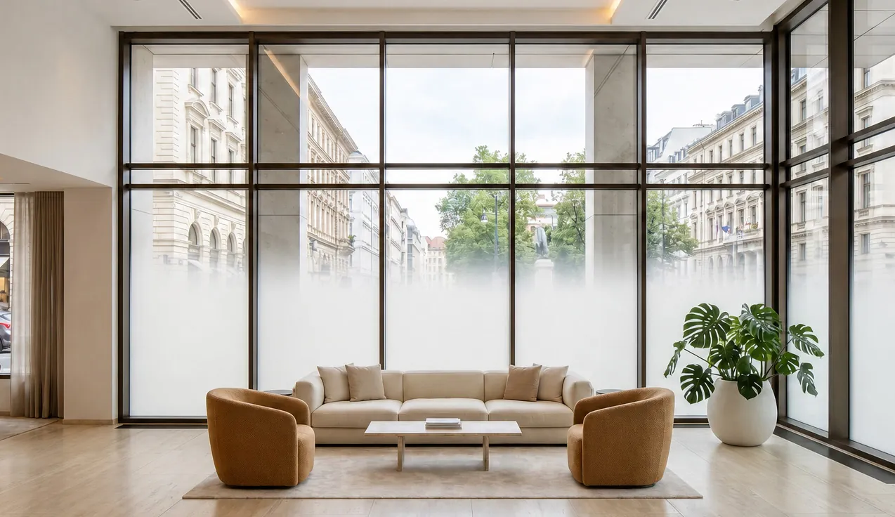 Living room windows with a gradation film fading upwards