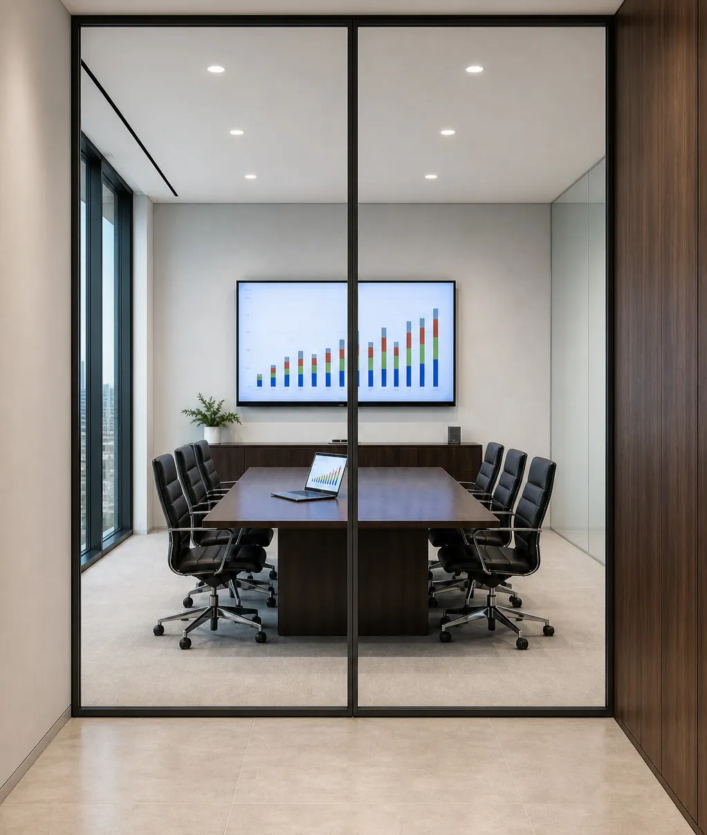 Meeting room screen visible through the glass