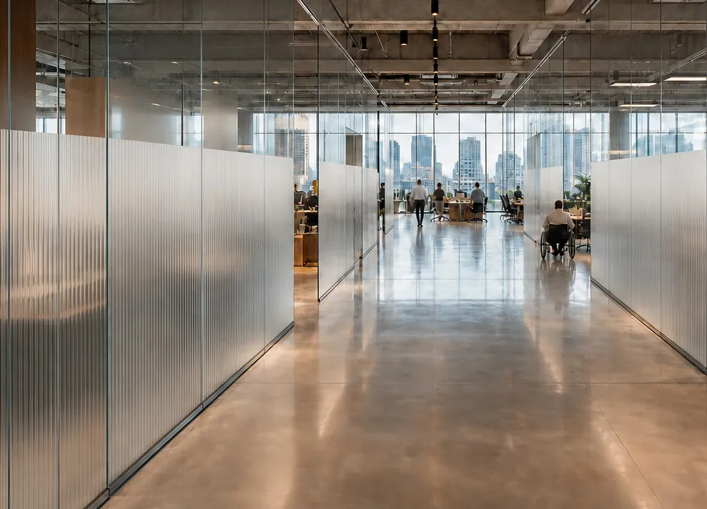 Office corridor with reeded glass partitions
